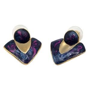 Pierced Earrings Retro Swirl Enamel Blue Purple Pink Colors Gold Tone SKU 2296